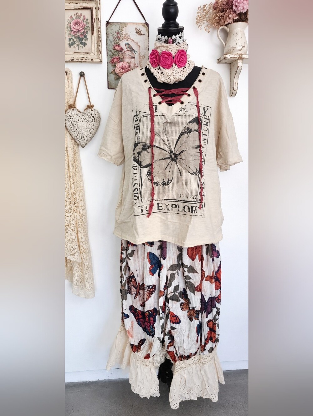 Butterfly Magnolia Style Butterfly Graphic Boho Cream Peasant Top Blouse shirt L